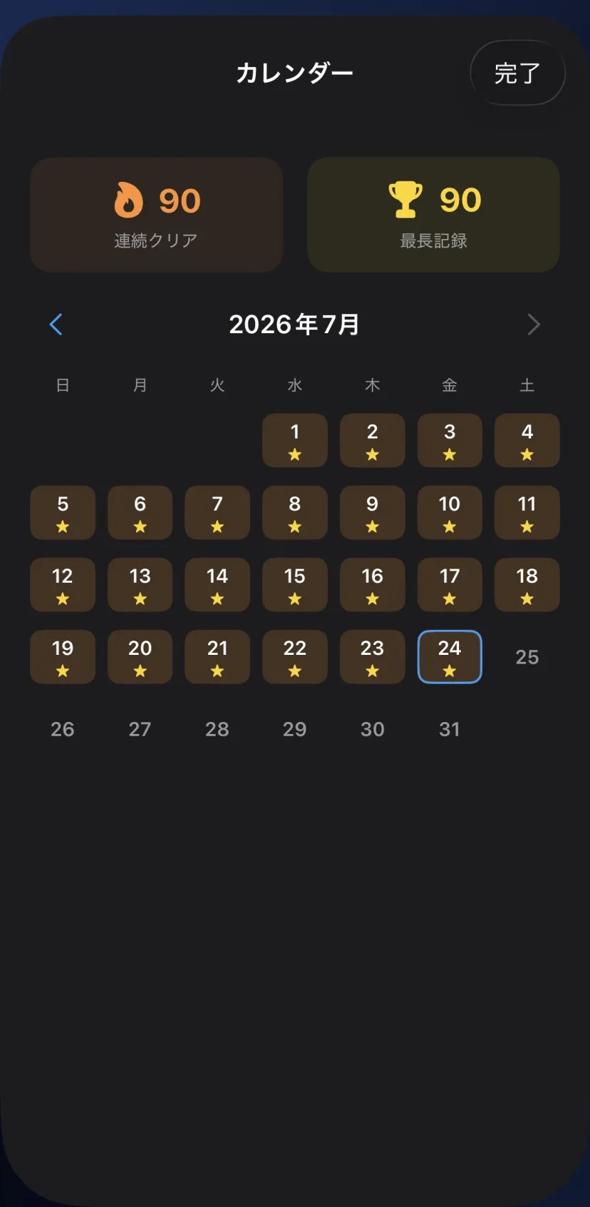 デイリーチャレンジのカレンダー画面。連続クリア90日と表示されている
